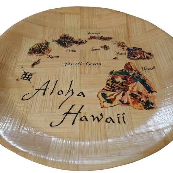 Hawaii Souvenir Shallow Platter Bowl Tray Woven Bamboo of Hawaiian Islands Map - Picture 3 of 15